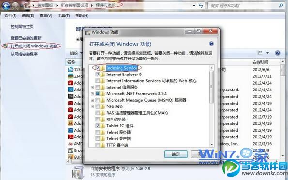 勾选“windows search”和“index  service”