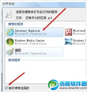 勾选下面的“始终使用选择的程序打开这种文件”